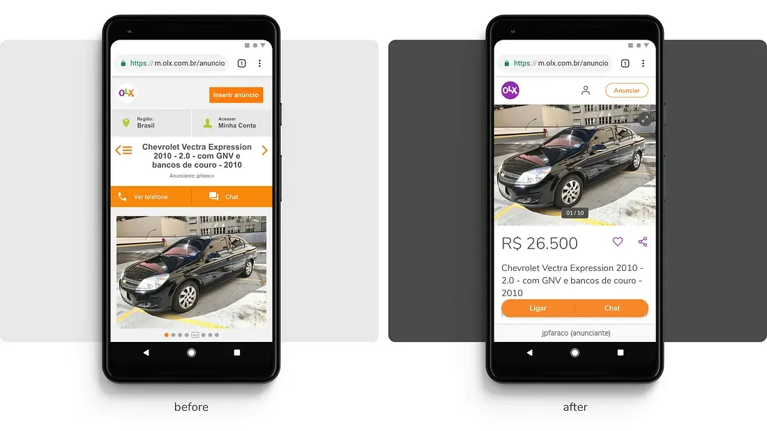 OLX Product Page Before and After